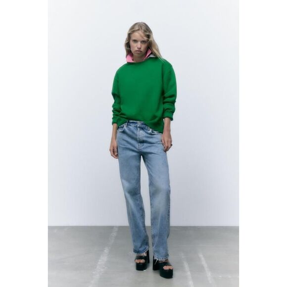 Green Zara Crew Neck Long Sleeve Cotton Pullover Sweatshirt (NWT) - Picture 3 of 9